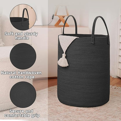 Large Woven Laundry Basket Hamper,60L Cotton Rope Storage Bin for Blankets,Toys and Clothes,Decorative Tall Nursery Hamper for Living Room,Baby Nursery,Bathroom and Bedroom,Black