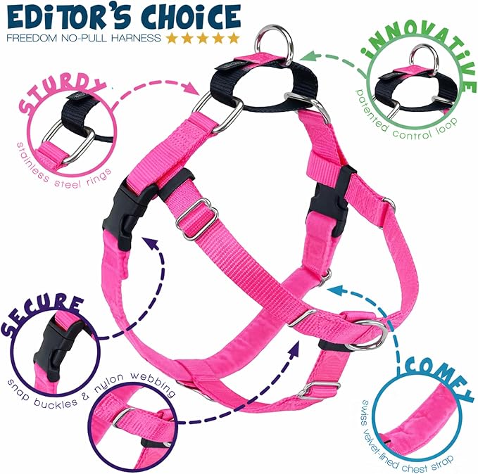 2 Hounds Design Freedom No Pull Dog Harness, Adjustable Harness and Leash Set, Easy Walking & Comfortable Control, Fits Small, Medium & Large Dogs, Solid Colors, Made in USA, 5/8" MD, Hot Pink