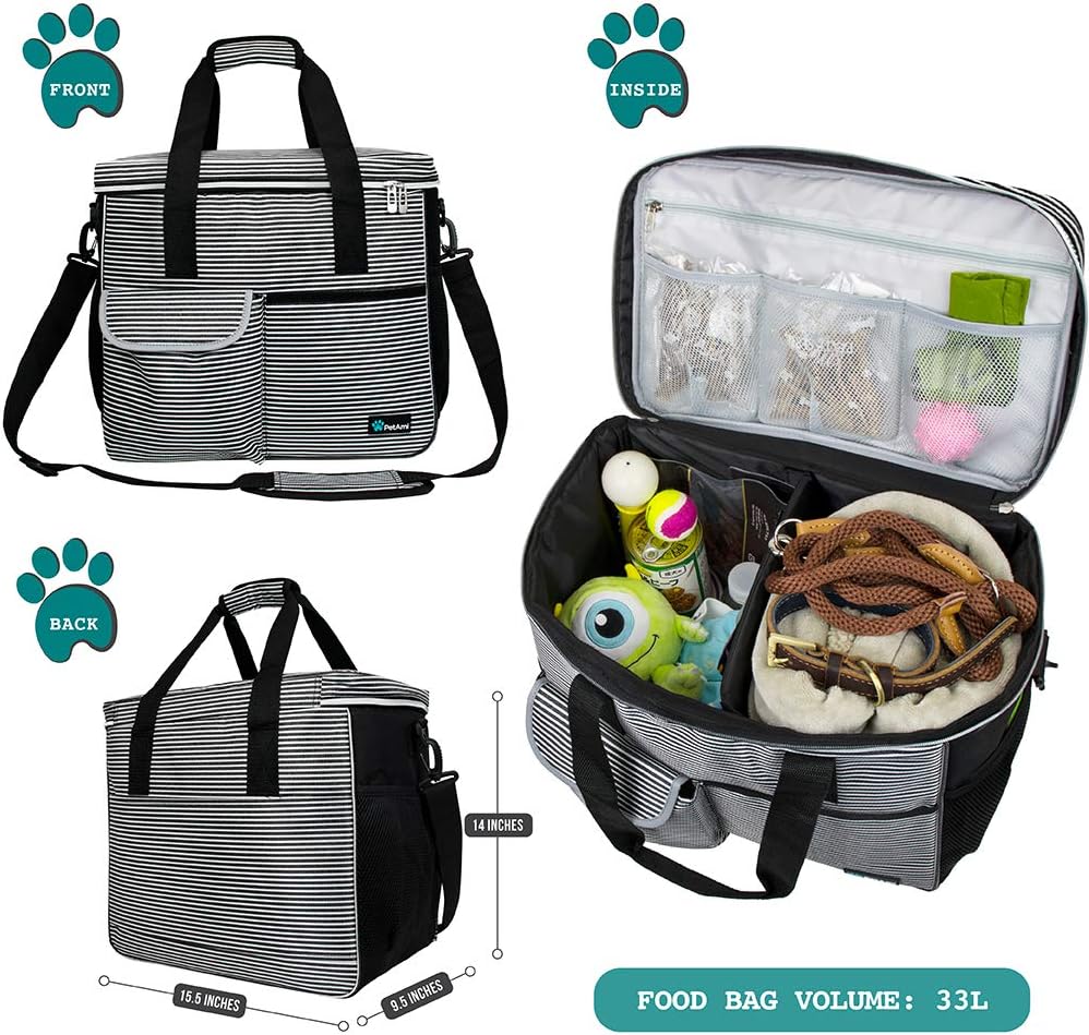 PetAmi Dog Travel Bag - Organizer with Food Container, Bowls & Accessories for Weekend Camping, Cat Diaper Bag (Stripe Black, Large)