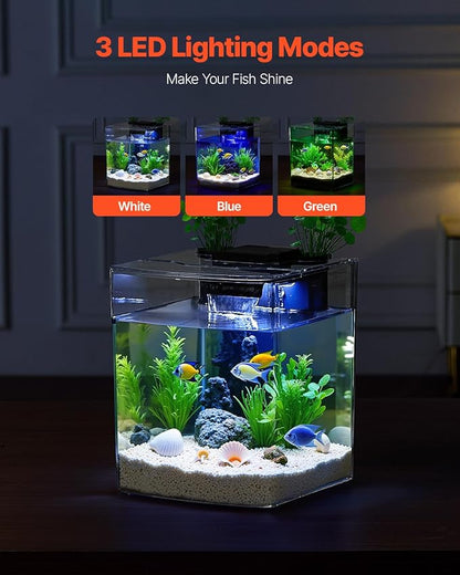 VEVOR Fish Tank Aquarium, 2 Gallon Arch Ultra-Clear GPPS Starter Smart Tank Adjustable 3 Color Lighting, Self Cleaning System Fishbowl for Freshwater & Saltwater Fish Home, Office, or Pet Use