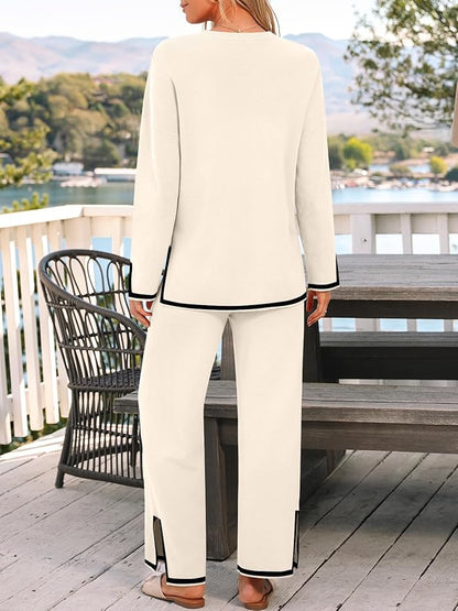 LILLUSORY Women Fall 2 Piece Lounge Set Outfits Sweatsuits Long Sleeve Sweater Tops Wide Leg Pants