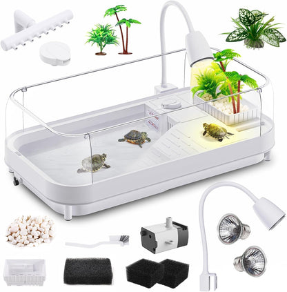 Large Turtle Tank Kit with Lamp and Filter, Acrylic Turtle Tank Starter Kit, Tank Aquarium with Heightened and Curved Fences, Bottom Drainage, Multi-Function Areas