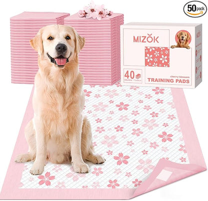 MIZOK Pink Puppy Pads with Adhesive Tabs Disposable No Leak XL 28x34in 40Ct | Cute Cherry Blossom Prints Provide 6 Layer Protection Extra Absorbent Doggy Pads Designed for Clean Daily Indoor Use