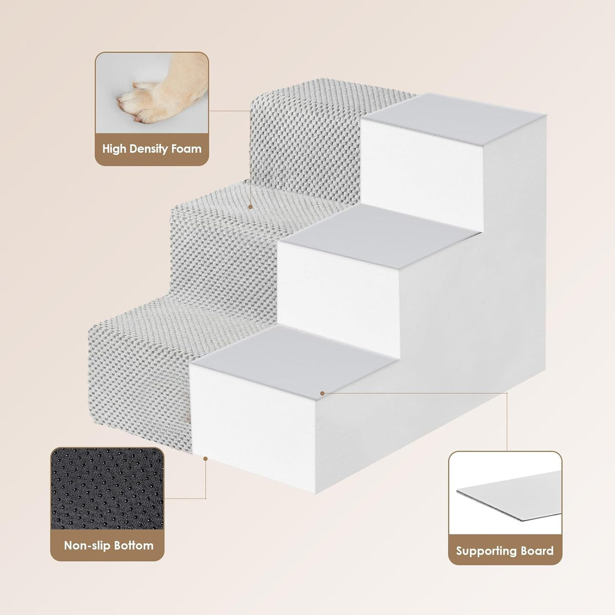 EHEYCIGA Dog Stairs for Small Dogs 13.5" H, 3-Step Dog Steps for Couch Sofa and Chair, Pet Steps for Medium Cats, Non-Slip Balanced Pet Ramp Indoor, Light Grey