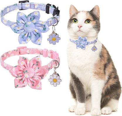 Breakaway Cat Collars for Girl Boy Cats, 2 Pack Cute Kitten Collar with Bells & Flowers, Safety Adjustable Female Male Kitty Puppy Floral Collar Pink & Blue, Small Pet Spring Gifts