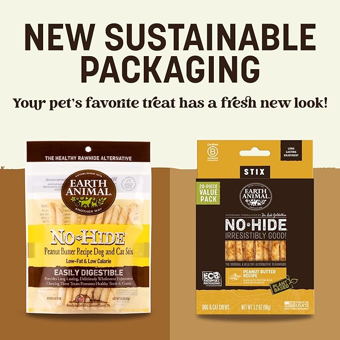 Earth Animal No Hide Stix - Long Lasting Rawhide Free Small Dog Chews Sticks, Peanut Butter - 40 Count Extra Value Pack