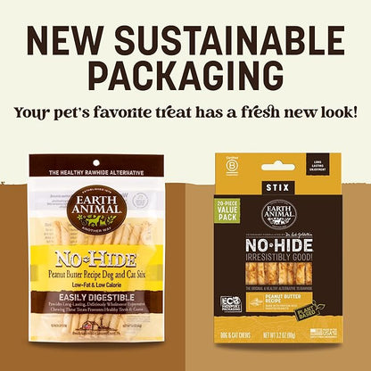 Earth Animal No Hide Stix - Long Lasting Rawhide Free Small Dog Chews Sticks, Peanut Butter - 40 Count Extra Value Pack