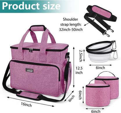 BAGLHER Dog Travel Bag, Pet Travel Bag (ALL Pet Travel Supplies), With 2 Pet Food Containers and 2 Collapsible Silicone Bowls; Essential Kits for Pet Travel Pink