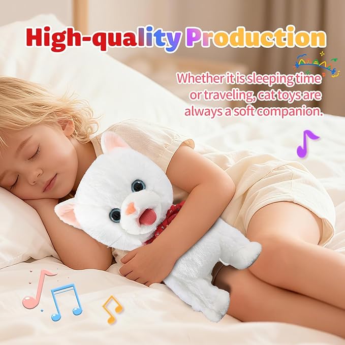 White Leash Walking Cat Set Interactive Talking Cat Singing Dancing Kitten Mimicking Repeat What You Say Kitty Touch and Voice Control Nodding Wagging Tail Plush Electric Kitty for Kid Gril