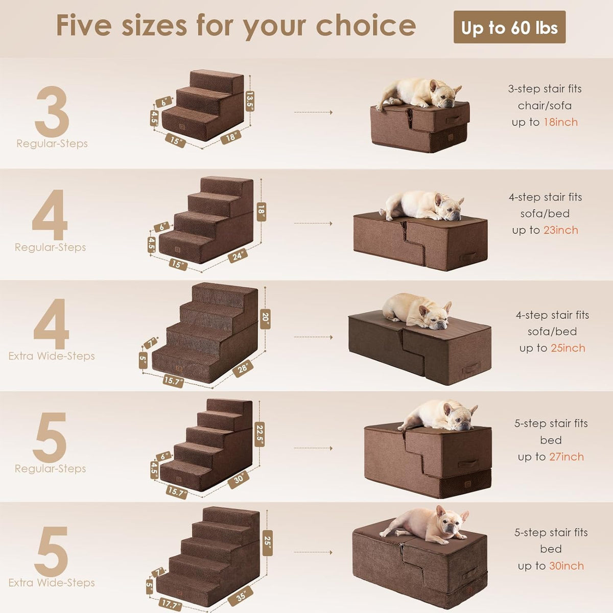EHEYCIGA Dog Stairs for High Bed 25" H, 5-Step Extra Wide Dog Steps for Bed, Pet Steps for Small Dogs and Cats, Non-Slip Balanced Pet Ramp Indoor, Brown
