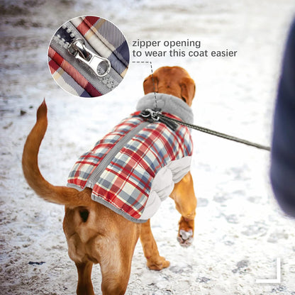 FUAMEY Dog Coat for Large Dogs,Waterproof Dog Winter Jacket with Harness Built in Puppy Cold Weather Coats Reflective Pet Vest with Zipper Warm Fleece Dogs Snowsuit Windproof Red Plaid L