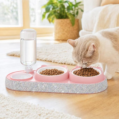 SlowVibes Bling Pink Cat Food and Water Bowl Set, Automatic Water Dispenser | 15-degree tilted double bowls with 17 oz automatic water dispenser for indoor cats, kittens, small medium dogs,Rhinestone