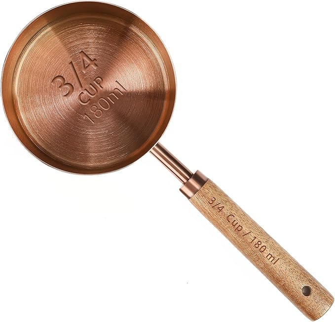 Measuring Cup with Wooden Handle, 3/4 Cup Titanium-plating 180ml Stainless Steel, Dog Food Scoop, Rose Gold
