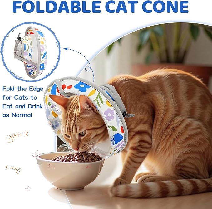 Breathable Air Mesh Cat Cone Collar Soft to Stop Licking, Adjustable, Foldable Lightweight Kitten Cones After Surgery Recovery for Cats & Kittens (Flower,L)