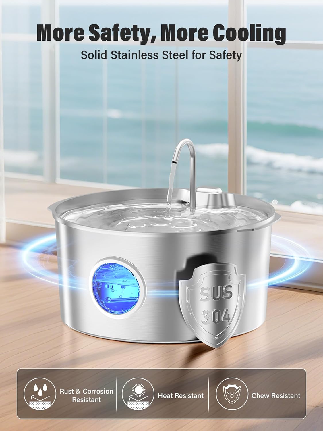 3.4Gal Dog Water Fountain for Large Dogs, Extra Large Stainless Steel Pet Water Fountain, Round Dog Water Bowl Dispenser with Metal Handle, Water Level Window, Supet Quiet Pump for Multi Pet Home