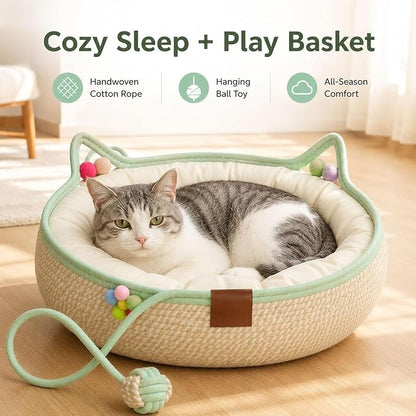 Handwoven Cotton Rope Cat Basket Bed with Hanging Ball Toy (Blue, Medium) | cat bed, woven cat basket, kitten bed, small dog bed, cat toy ball, all season pet bed, washable cat cushion