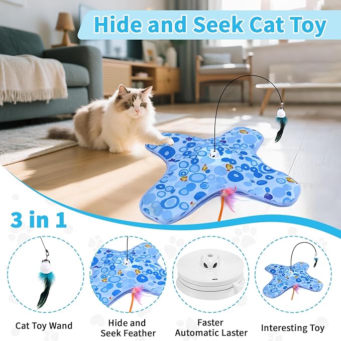 DFQ Cat Toys,3 in 1 USB Rechargeable Automatic Kitten Toy,Flying Bird Kitten Wand,Hide and Seek Exercise Kicker for All Breeds Indoor Adult Cats(Blue Fish with Pole)