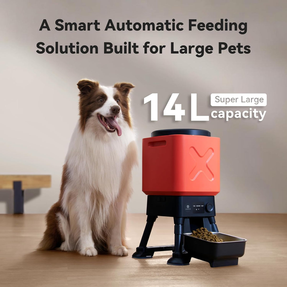 Automatic Dog Feeder for Large Dogs, 14L Capacity, Remote Feeding, Anti-Blockage System, Timed Auto Dog Food Dispenser, 2.4G WiFi App Control，Dual Power Supply,Stainless Steel Bowl