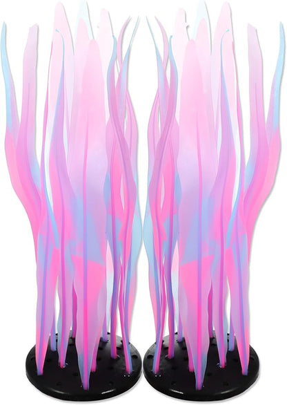 Aquarium Glowing Kelp Plant, Soft Silicone Glowing Fish Tank Decorations, Fluorescence Coral Decor for Aquarium Decor Pink 2pcs