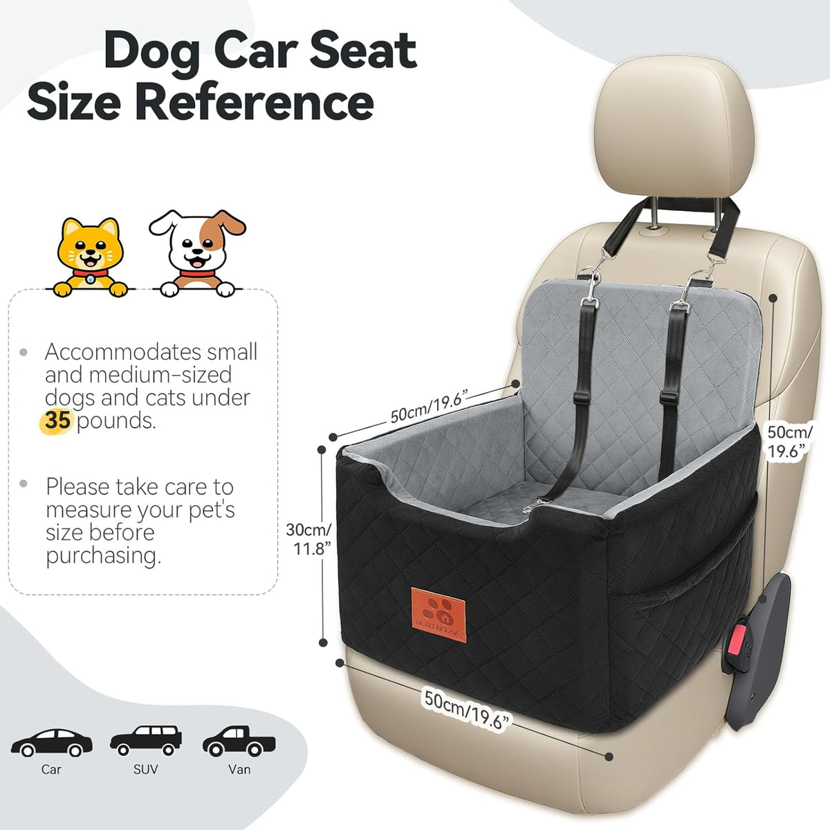 Dog Car Seat for Small/Medium Dogs Under 35lbs,Memory Foam Dog Booster Seats,Detachable and Washable Traval Pet Car Seat, Dogs Bed with 2 Safety Belts(Balck/Grey)