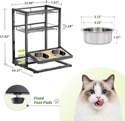 Elevated Cat Bowl Stand Feeding Station, 3-Tier Cat Food Organizer & Storage, Pet Feeding Station with Cat Table, Cat Food Stand for Large Medium Cats, 3 Height Adjustable, Black