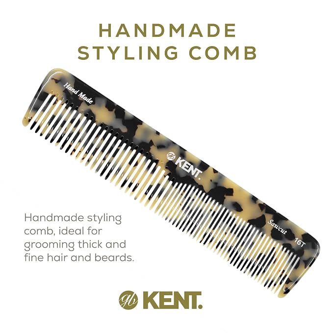 Kent 16T TW Fine and Wide Tooth for Daily Grooming,Handmade Styling Comb for All Hair Types,Wet or Dry Hair Detangling Comb for Men and Women,Saw Cut Hand Polished,Made in England