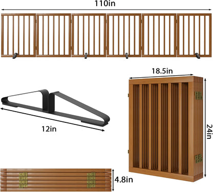 Freestanding Pet Gate Foldable Dog Gate (110 inches Wide) Walnut Bamboo Dog Gates for Stair Doorways House Puppy Fences Indoor (4 Support Feet Included)