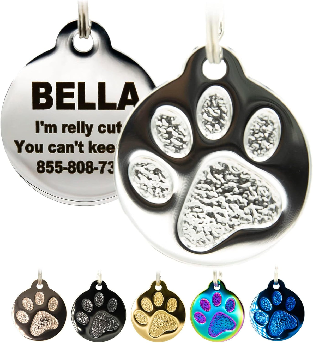 Engraved Pet Tag for Dogs and Cats - Personalized Front & Back up to 4 Lines of Text Custom Engraved ID, Round Paw Print Solid Plating Stainless Steel Silver Regular