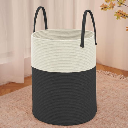Large Woven Laundry Basket Hamper,60L Cotton Rope Storage Bin for Blankets,Toys and Clothes,Decorative Tall Nursery Hamper for Living Room,Baby Nursery,Bathroom and Bedroom,White and Black