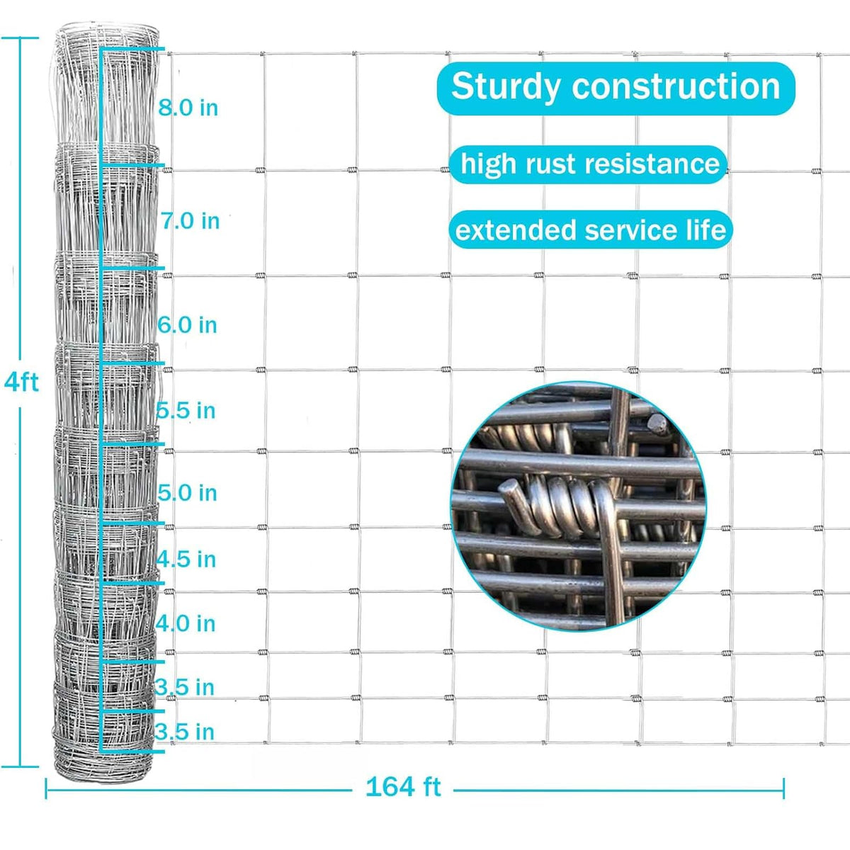 Farm Fence, 4ft x 164ft Galvanized Wire Fencing, Cattle Fence, Deer Fence, Heavy Zinc Coating Farm Fence Used to Hog Goat Fencing for Yard Garden and Field
