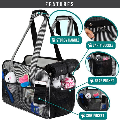 PetAmi Small Dog Purse Carrier, Soft-Sided Pet Carrier Bag with Pockets, Portable Puppy Cat Travel Handbag Tote, Airline Approved Breathable Mesh, Poop Bag Dispenser, Max 18 lbs, Stripe Black