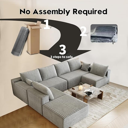 139.4" Modular Sectional Sofa, Oversized U-Shaped Minimalist Couches with 2 Middle Seats and 1 Ottoman Chaise, Modern Deep Seat Convertible Sleeper Sofa, Cloud Plush Corduroy Fabric,7 Seater, Grey