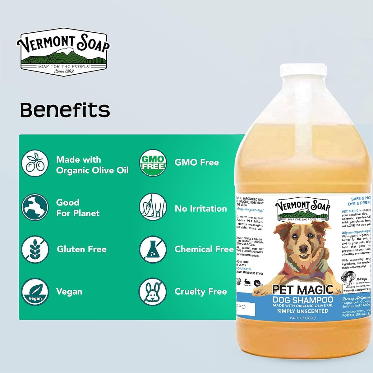 VERMONT SOAP Organics Pet Shampoo - Infused with Organic & Natural Olive Oil, Coconut & Aloe Vera Dog Shampoo for Sensitive Skin - USDA Certified Grooming, Unscented (64oz)