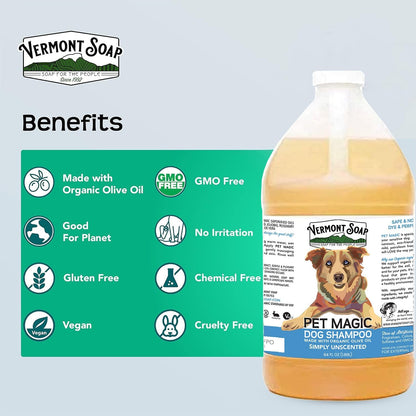 VERMONT SOAP Organics Pet Shampoo - Infused with Organic & Natural Olive Oil, Coconut & Aloe Vera Dog Shampoo for Sensitive Skin - USDA Certified Grooming, Unscented (64oz)