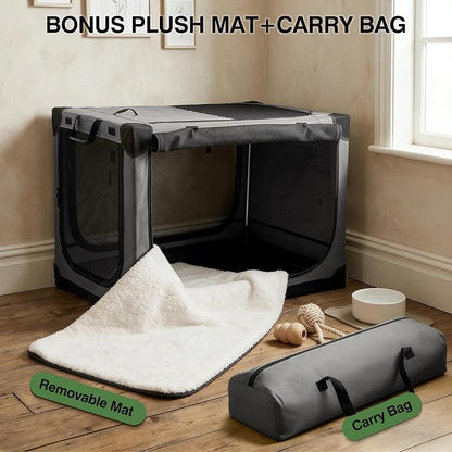Veraste 42" Soft Collapsible Travel Dog Crate for Large Dogs,Grey | 4-Door Foldable Travel Crate,breathable mesh, foldable with storage bag
