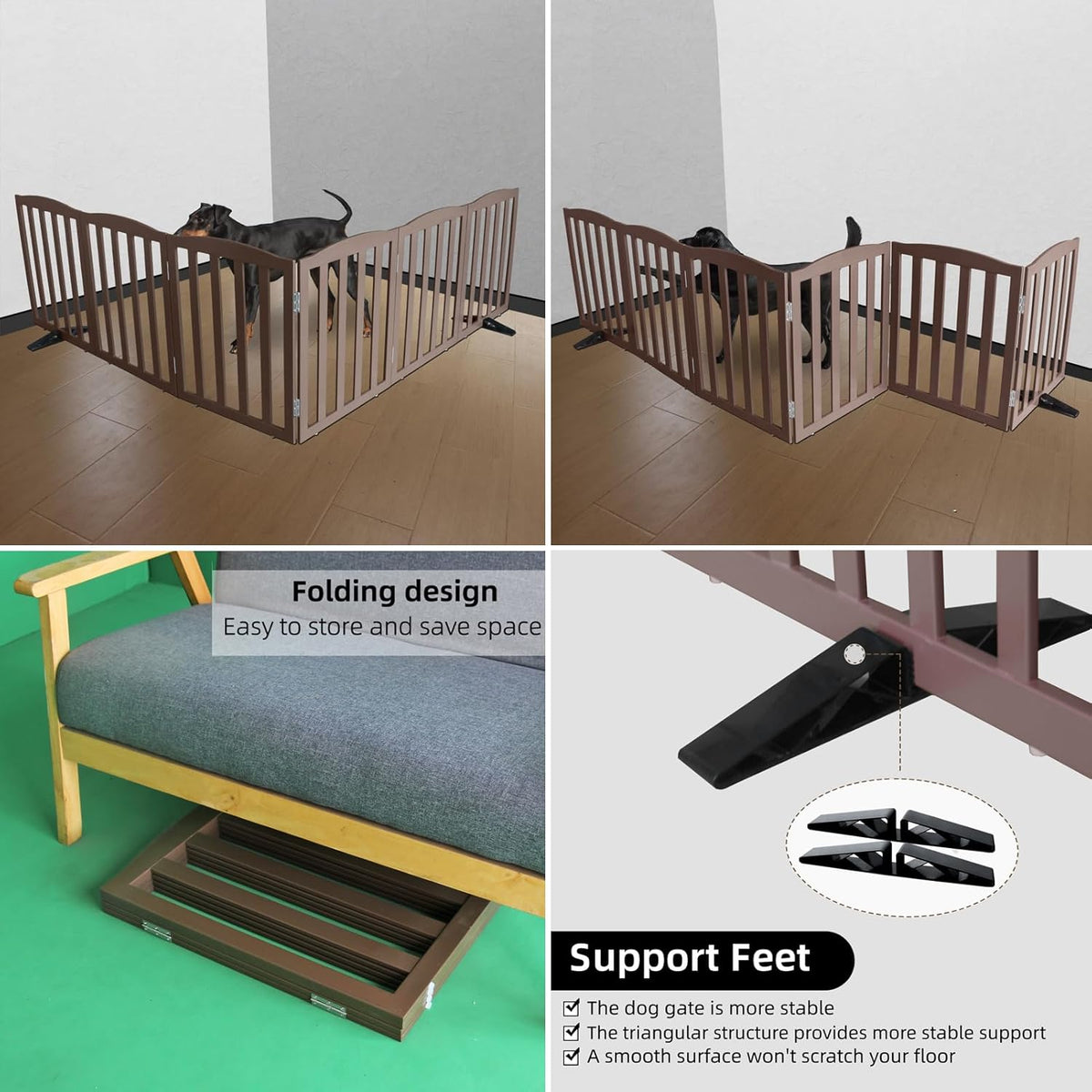 ZJSF Foldable Freestanding Indoor Dog Gate for House Wood Long Pet Gates Dog Fence for Stairs Puppy Gates for Hallways, Puppy Gate,Support Feet Included, Brown, 24 "Height-6 Panels