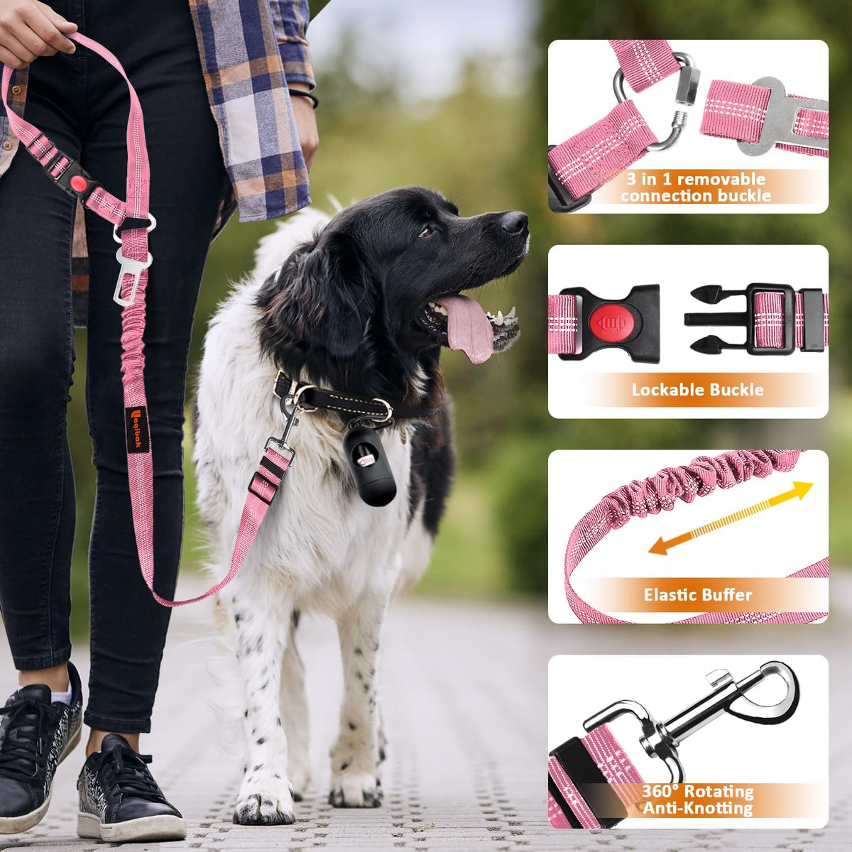 Removable Dog Seat Belt Harness for Car, 3 in 1 Pet Dog Car Seatbelt Leash, Retractable Restraint Secures to Vehicle Headrest & Adjustable Reflective Bungee Dog Seatbelt Tether, Pink