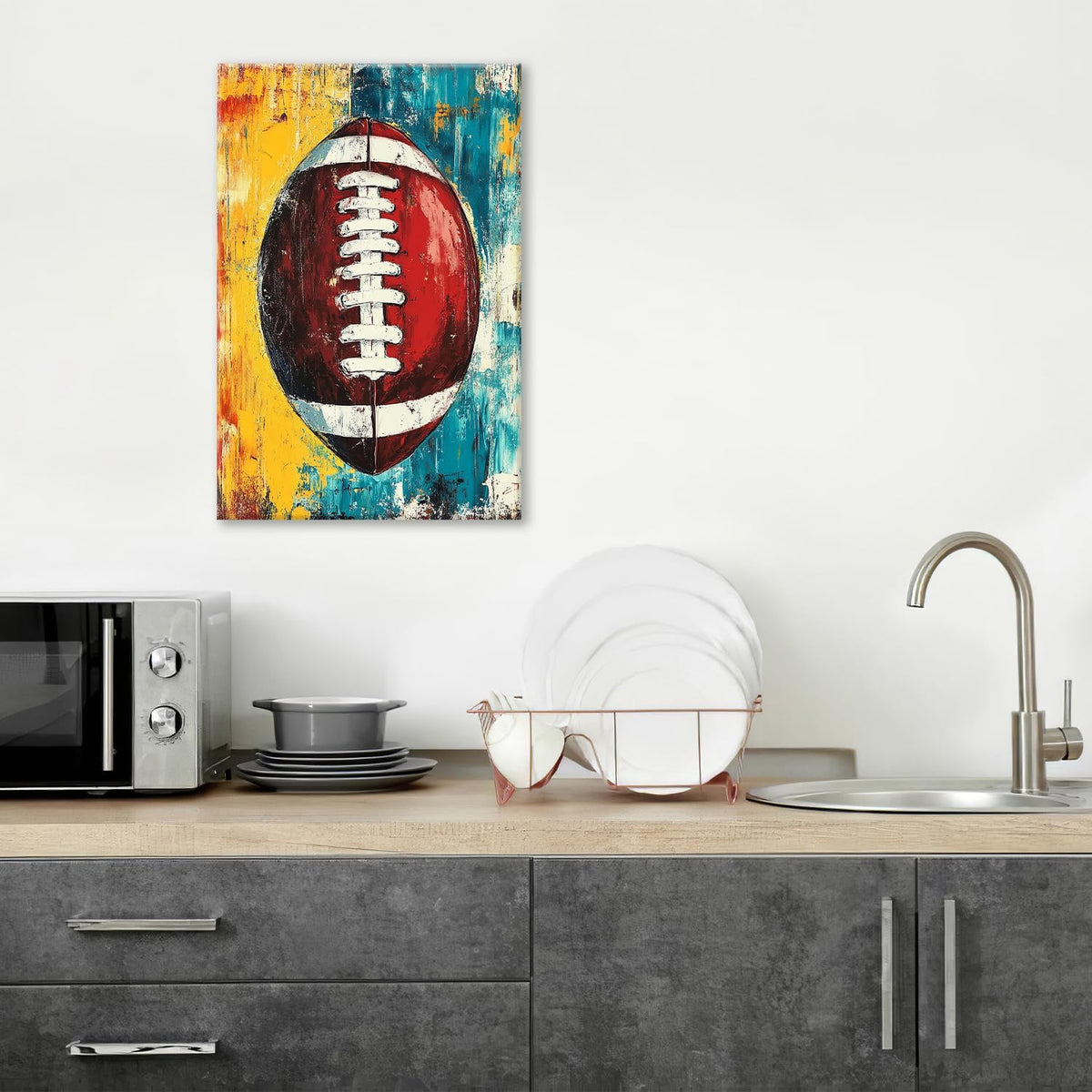 Graffiti Football Bathroom Pictures Wall Art, Rugby Sport Bathroom Wall Decor, Colorful Football Framed Painting Canvas Artwork for Bedroom Living Room Decorations 24"L x 16"W