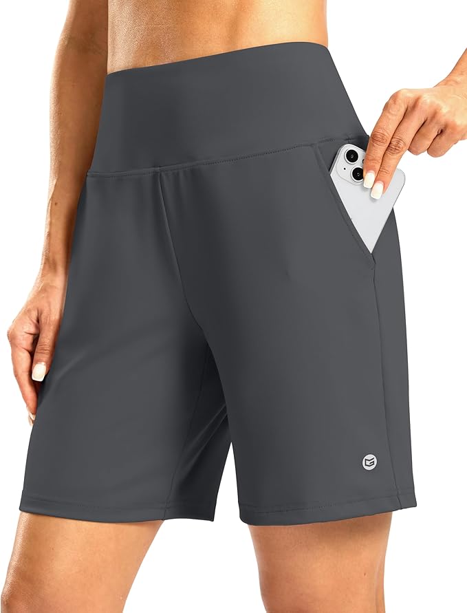 Women's Athletic Shorts with Zipper Pocket 7" High Waisted Stretchy Bermuda Shorts for Women Workout Running Casual