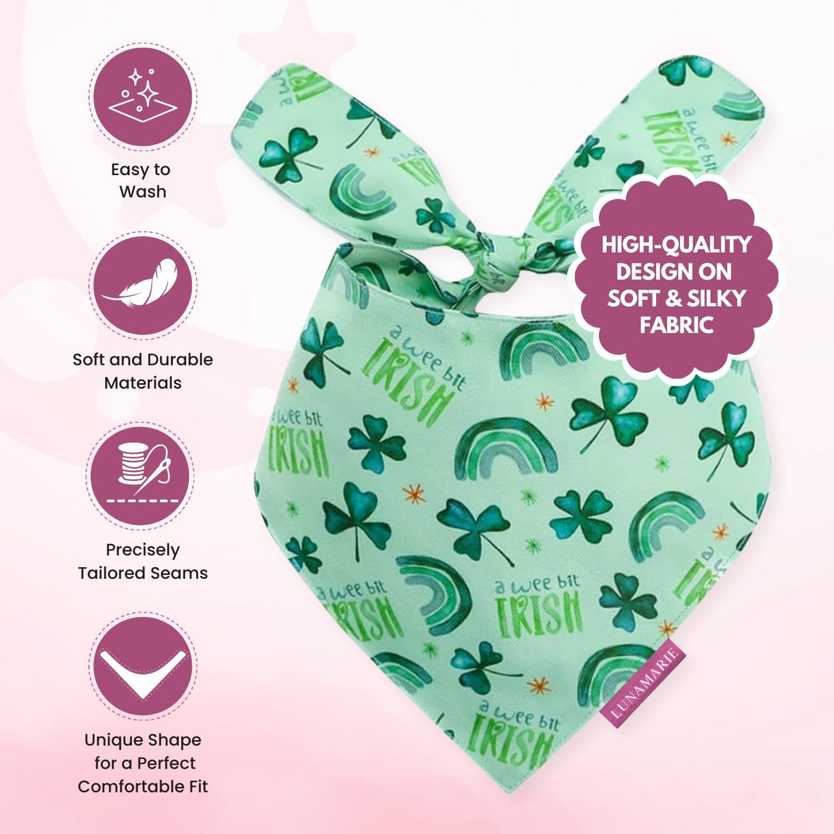 LunaMarie - Luxury Pet Birthday Bandanas -Premium & Silky Poly Fabric | 100% Handmade | Custom Shape Dual Layered (A Wee Bit Irish, Small)