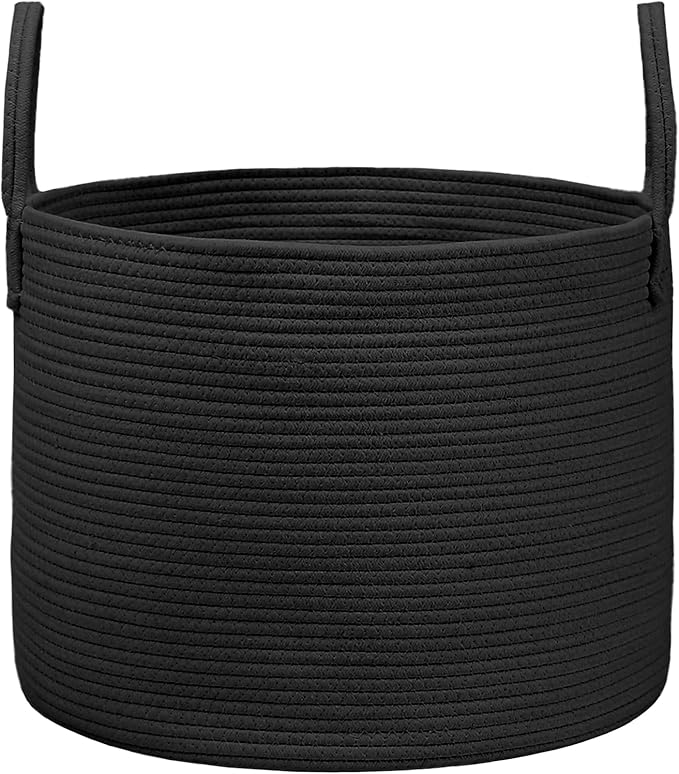 65L Extra Large Blanket Basket for Living Room - Woven Cotton Rope Laundry Hamper with Reinforced Handles - Storage Bin for Pillows, Comforters & Toys - Machine Washable,Black