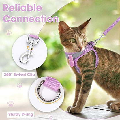 Cat Harness and Leash Set for Walking Escape Proof, Soft Adjustable Kitten Harness Breathable Mesh with Reflective Strips Harness for Kitty Puppy Bunny(Purple,S)