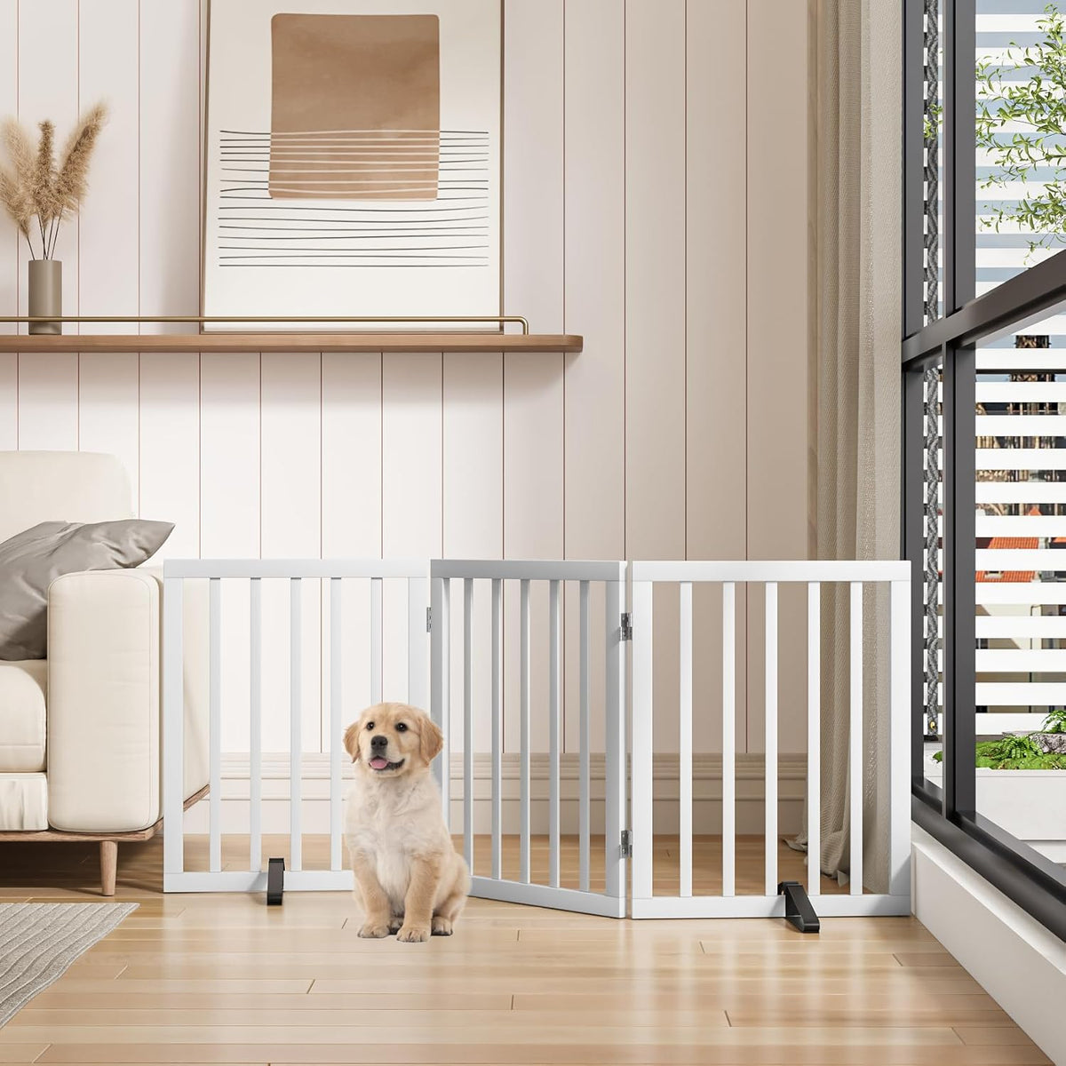 Dog Gates for The House Freestanding Foldable Pet Gates for Doorways 3 Panels 24'' Tall with 2PCS Support Feet Wooden White Dog Gate for Stairs
