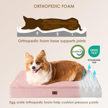 EHEYCIGA Orthopedic Dog Bed Large with Removable Washable Cover, 44IN Pink | Egg Crate Foam Support, Durable Oxford fabric, Non-Slip Bottom, Machine Washable, Soft Waterproof Plush Pet Bed Mat For Crate