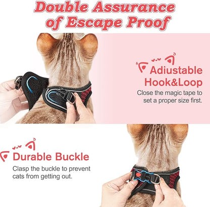 Cat Harness and Leash for Walking Escape Proof, Adjustable Kitten Vest Harness Reflective Soft Mesh Puppy Harness for Outdoor, Comfort Fit, Easy to Control (Red, L)