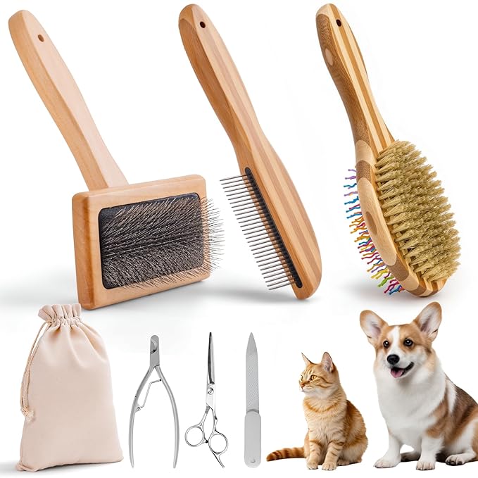 Dog Grooming Brush Kit,Deshedding Dog Brush for Shedding Short Hair Dogs with Pet Nail Clipper and File, Two Sided Pet Brushes for Dogs Removing Dirt & Loose Hair(7PCS) RAINBOW