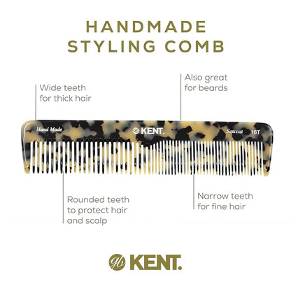 Kent 16T TW Fine and Wide Tooth for Daily Grooming,Handmade Styling Comb for All Hair Types,Wet or Dry Hair Detangling Comb for Men and Women,Saw Cut Hand Polished,Made in England