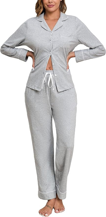 Veseacky 100% Cotton Pajamas for Women Set Long Sleeve Button Down Sleepwear Soft Pjs Lounge Sets with Pockets XS-XXL