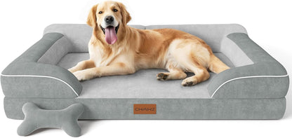 Extra Large Dog Bed, Orthopedic Dog Bed with Cooling Gel Memory Foam, Waterproof XL Pet Bed with Removable Washable Cover, 42" Pet Sofa Couch Dutch Velvet with Bone Toy, Light Gray