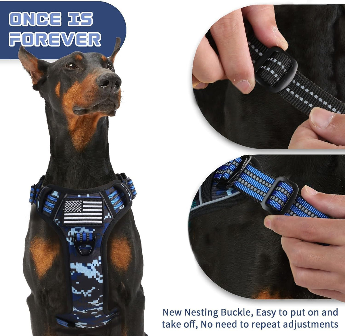 BUMBIN Tactical Dog Harness for Small Dogs No Pull, Famous TIK Tok No Pull Puppy Harness, Fit Smart Reflective Pet Walking Harness for Training, Adjustable Dog Vest Harness with Handle Blue Camo XS